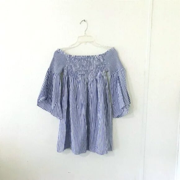 Zara Smocked Dress Bell Sleeve Blue White Striped Casual Dress S - Picture 12 of 15